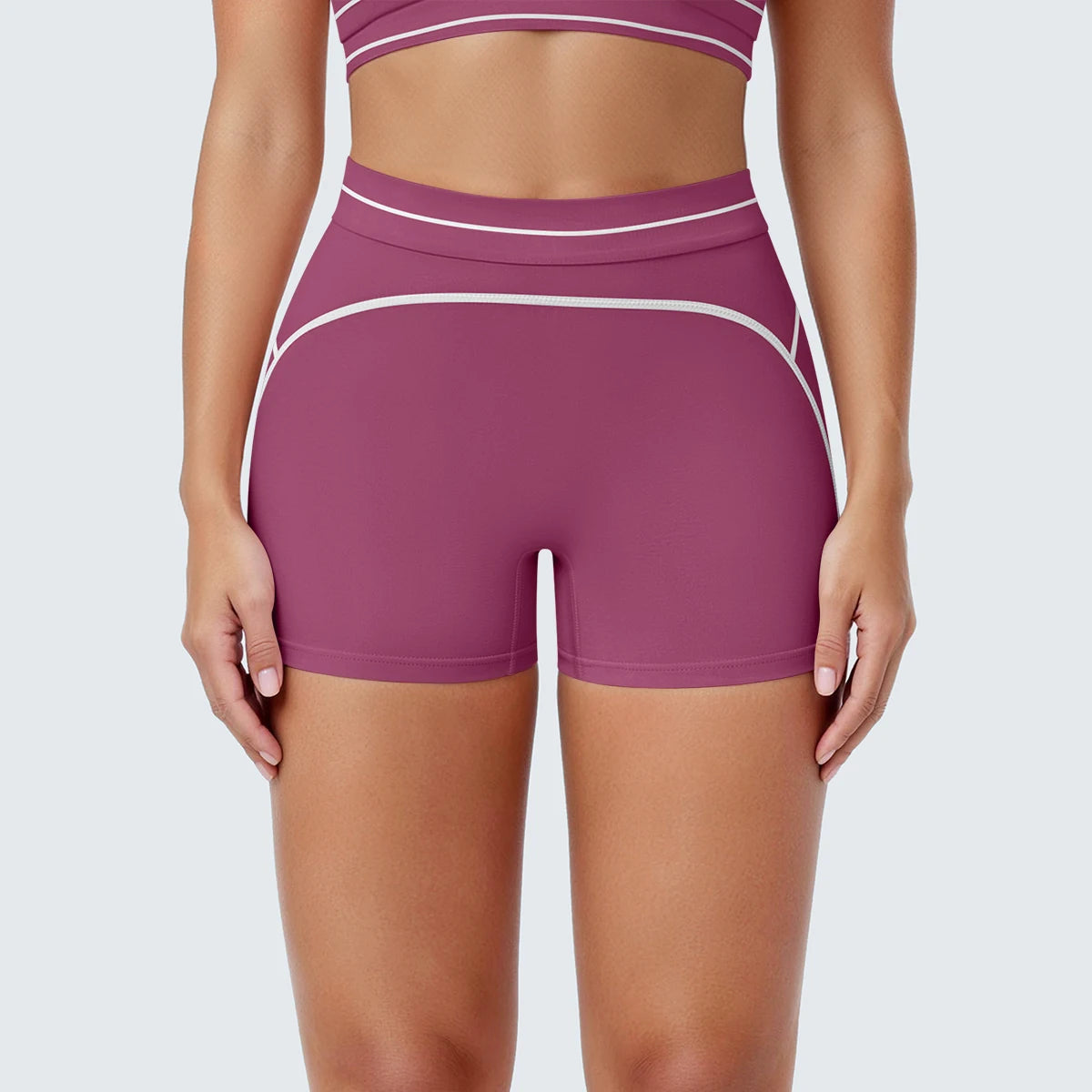 Damen-Yoga-Shorts, bordeauxrot mit weißen Streifen und breitem Bund
