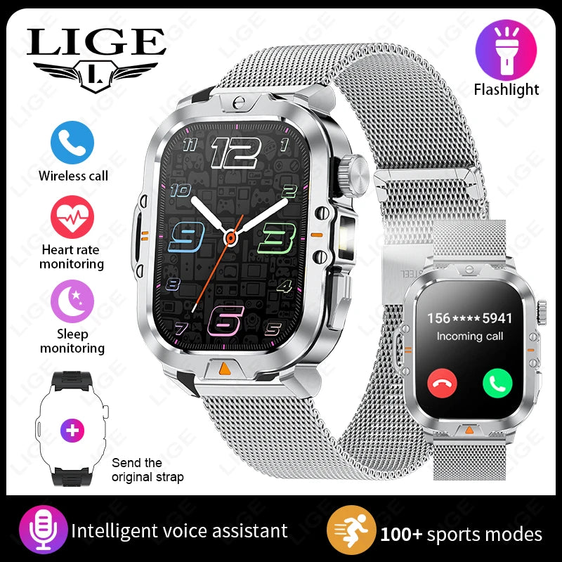 LIGE Neue Smart Watch 2,01" HD Display Taschenlampe Bluetooth Anruf 410mAh Batterie Robuste Smartwatch Wasserdichte Smart Armband