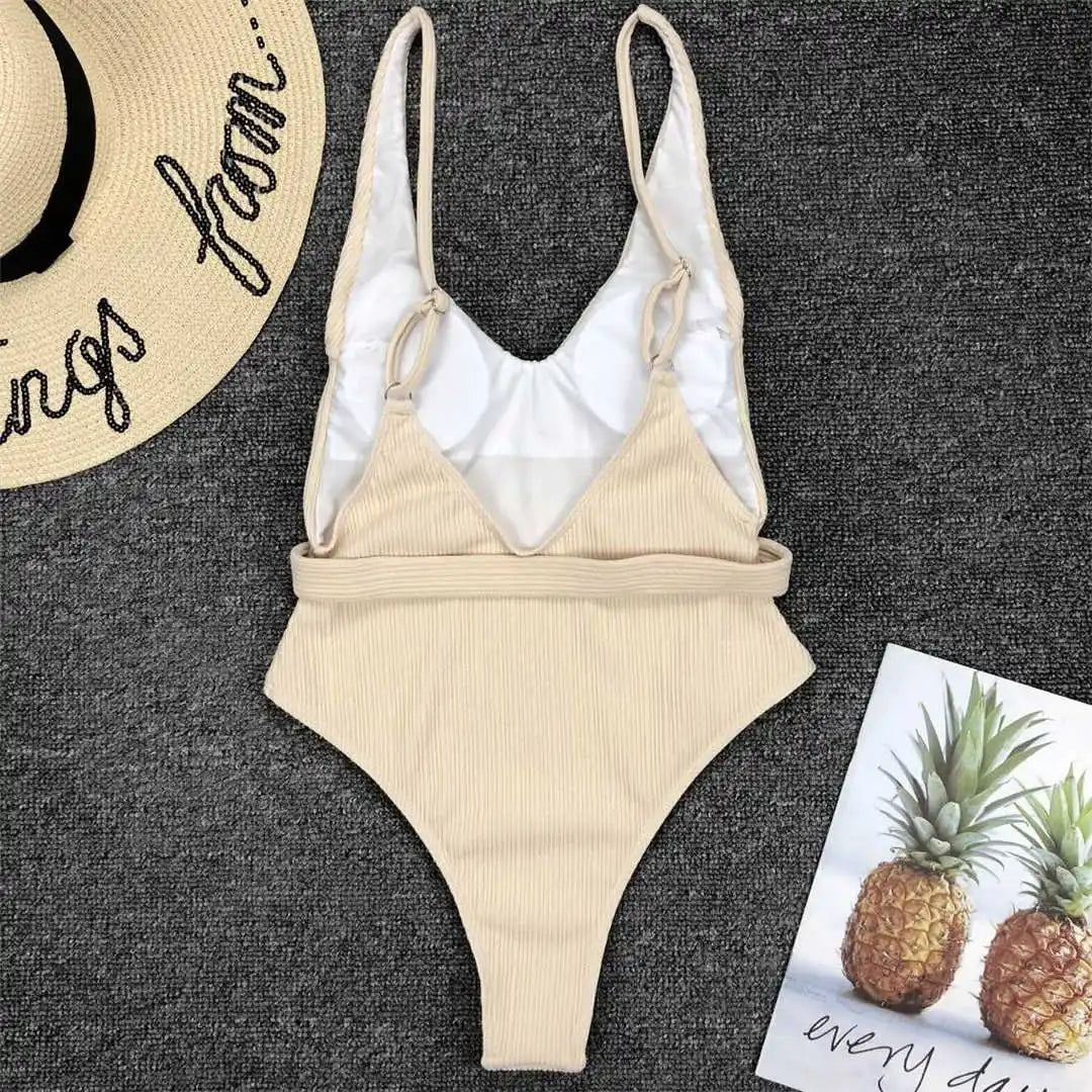 Damen-Badeanzug gerippt High-Cut Gürtel Monokini 6 Farben