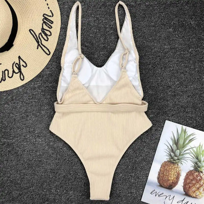 Damen-Badeanzug gerippt High-Cut Gürtel Monokini 6 Farben