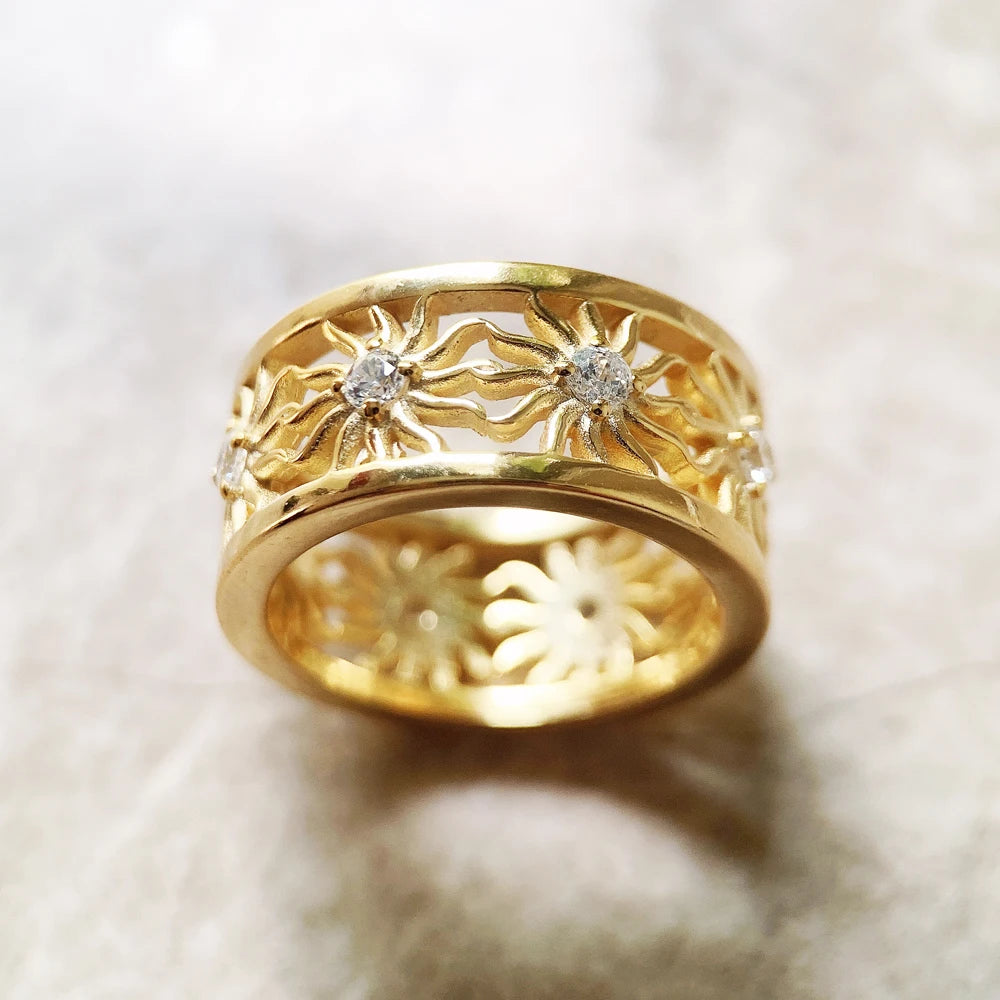Damen-Ring Bandring goldene Sonne II aus Sterlingsilber