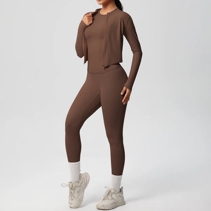 Damen Yoga-Set aus langarmem Top mit Reißverschluss und High-Waist Leggings, schokoladenbraun