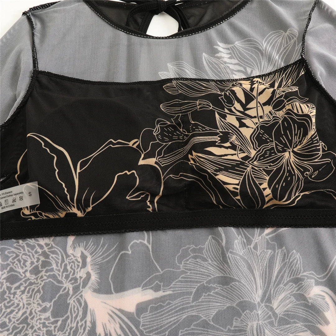 Damen-Badeanzug Blumen Langarm Sarong einteilig gepolstert