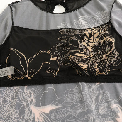 Damen-Badeanzug Blumen Langarm Sarong einteilig gepolstert