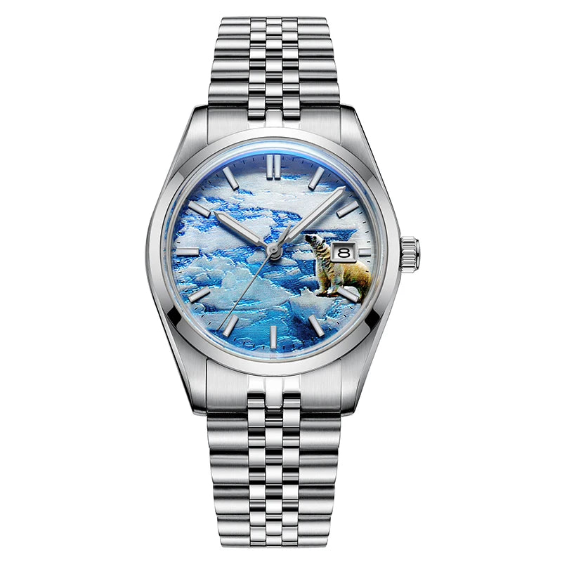 Herren-Automatikuhr mit 3D-Gletscher-Zifferblatt und Bubble-Glas