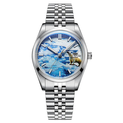 Herren-Automatikuhr mit 3D-Gletscher-Zifferblatt und Bubble-Glas