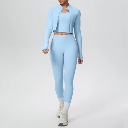 Hellblaues Yoga-Set: Zip-Top und High-Waist-Leggings, vorne