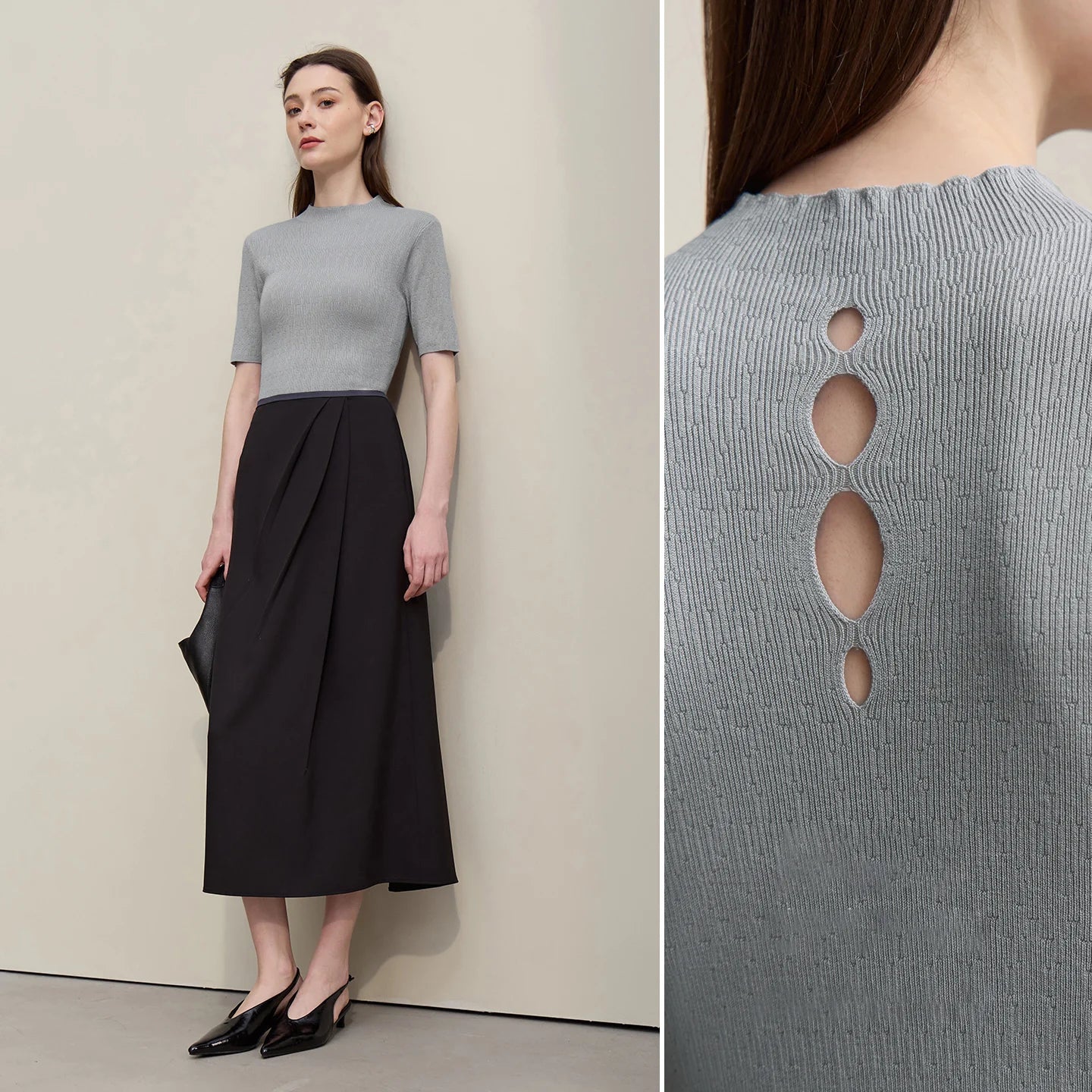 Damen-Strickpullover mit kurzem Stehkragen und Rückenaussparungen, Kurzarm in Hellgrau