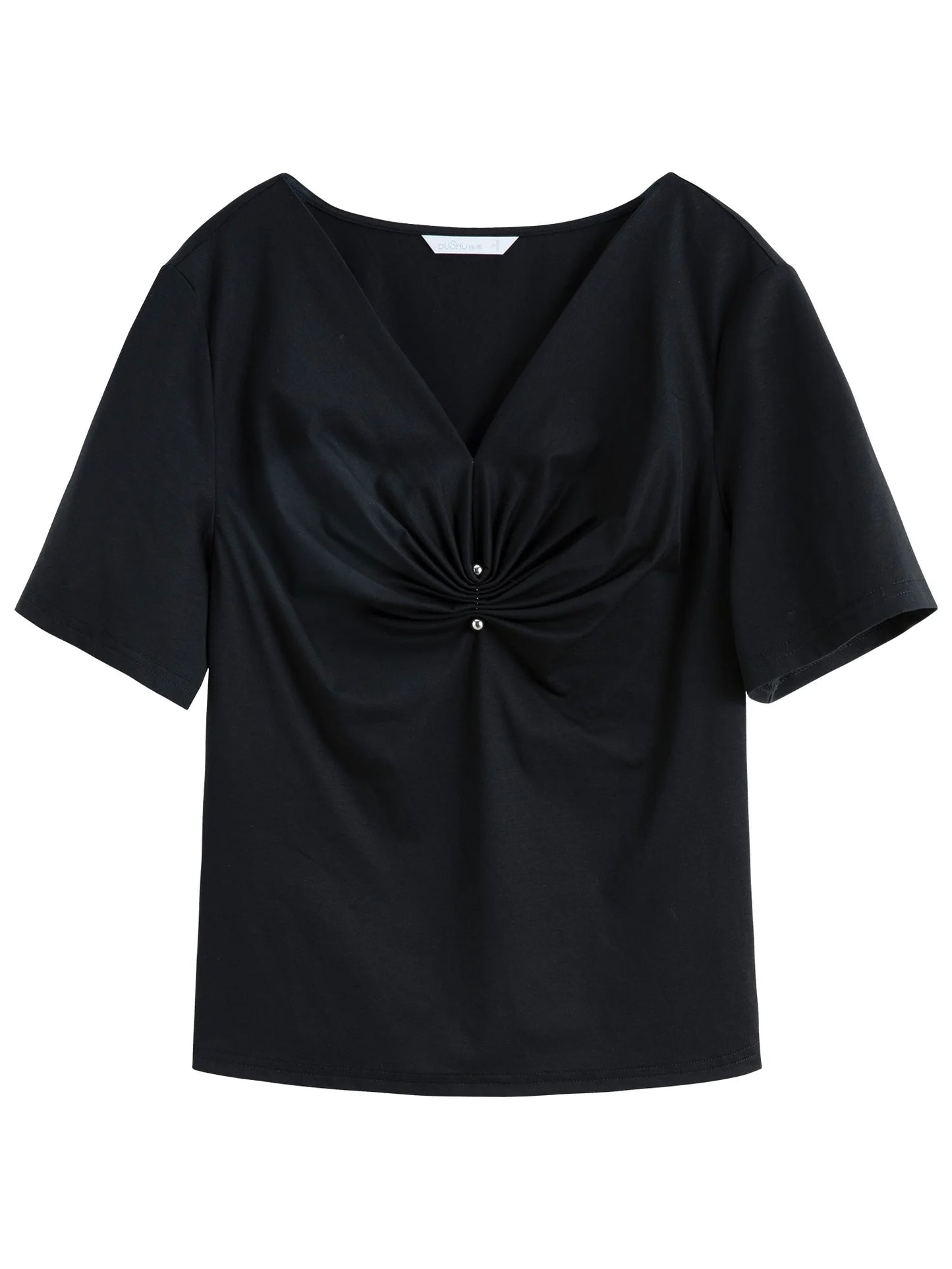 Damen-T-Shirt aus Baumwolle mit V-Ausschnitt und kurzen Ärmeln in vier Farben, mit Falten-Design an der Schulter.
