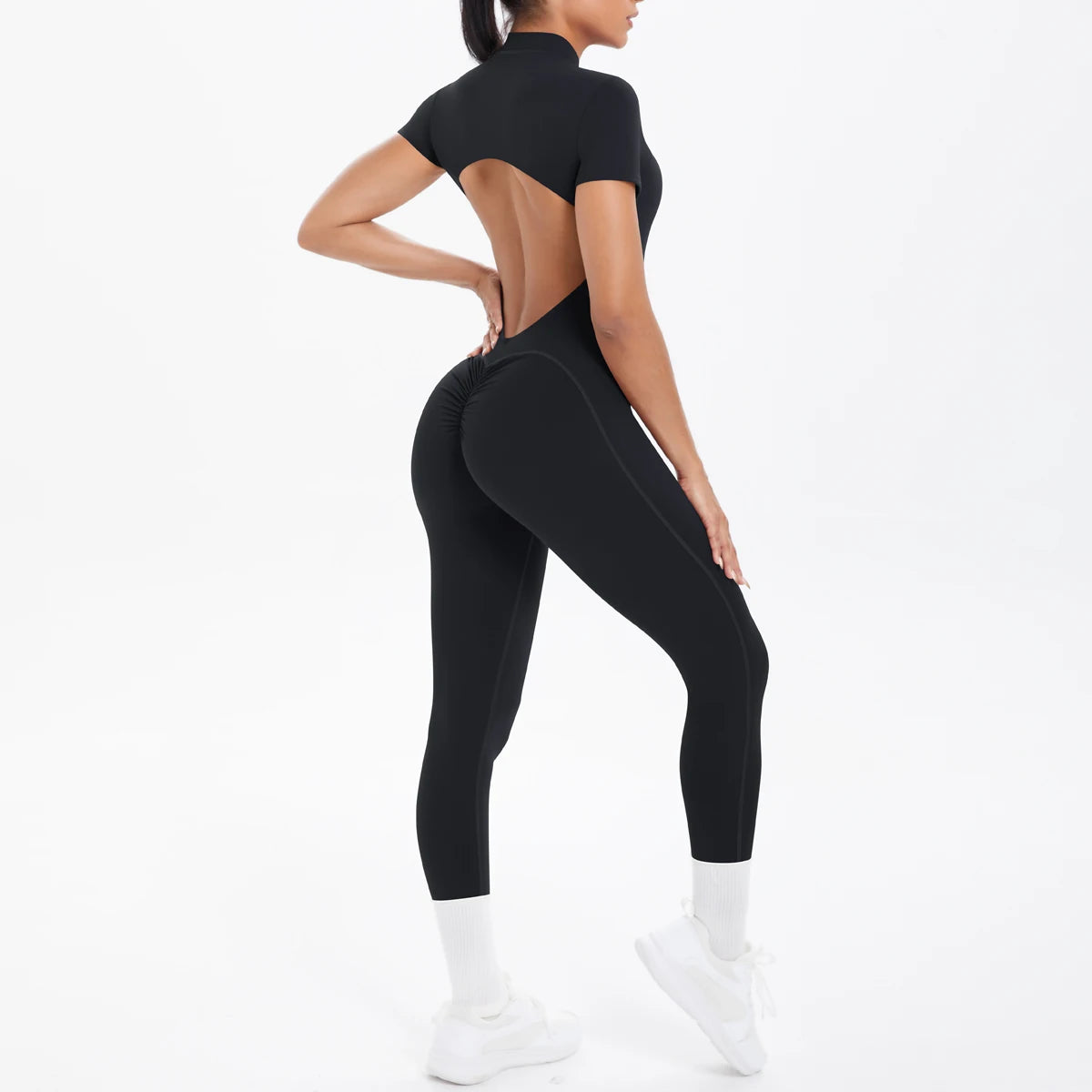 Kurzarm-Bodysuit mit Rücken-Ausschnitt, Schwarz, enganliegend, lange Beinpartie