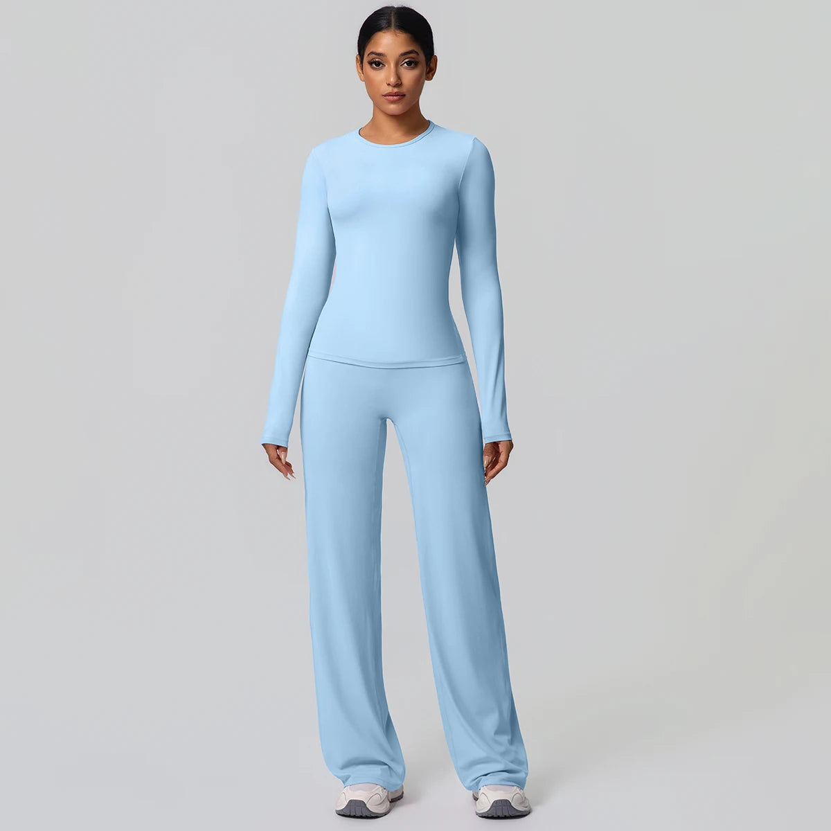 Damen-Yoga-Set aus Langarm-Top und Leggings, hellblau
