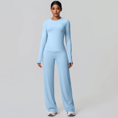 Damen-Yoga-Set aus Langarm-Top und Leggings, hellblau