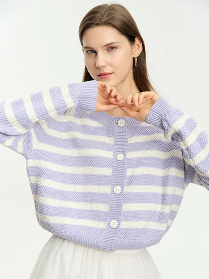 Damen-Strickjacke Baumwolle-Wolle Streifen Kontrastfarben locker Herbst