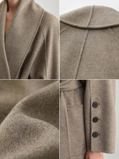 Damen Wollmantel im minimalistischen Stil mit Gürtel und Taschen