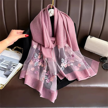 Damen Seiden-Woll Schal Blumenstickerei Hijab Frühling Sommer Pashmina Kopftuch