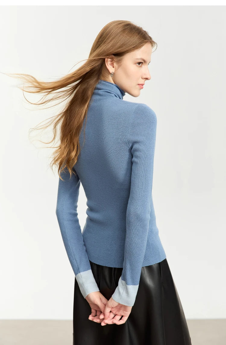 Damen-Rollkragenpullover Wolle Slim Patchwork-Splicing Herbst-Winter