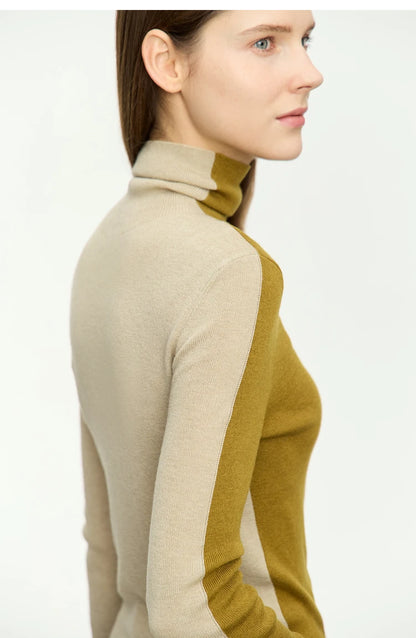 Damen-Rollkragenpullover Wolle-Mix Patchwork schlank Winter