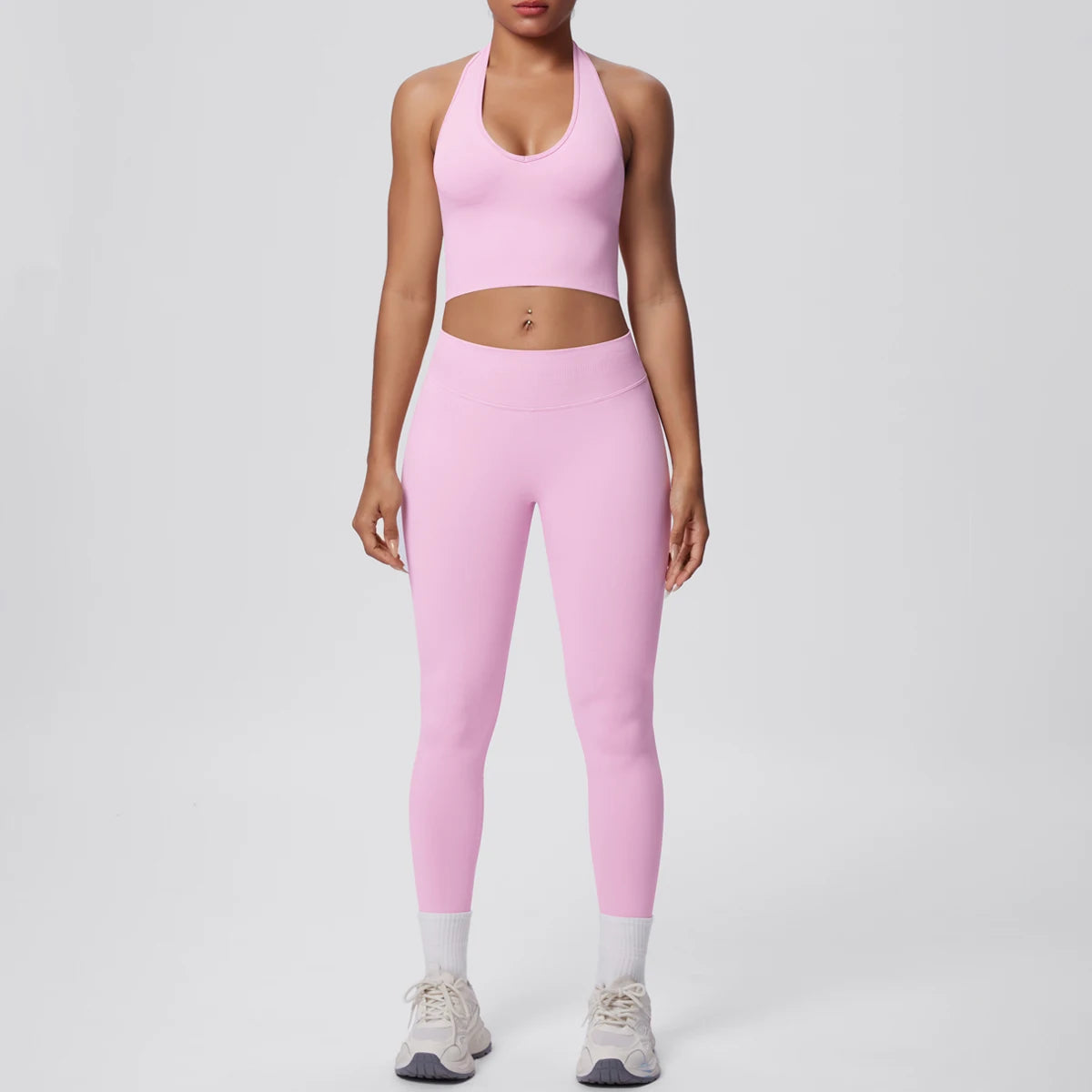 Hamidou Yoga-Set für Frauen in Rosa: Sport-BH und Leggings mit hellem Saum
