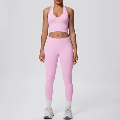 Hamidou Yoga-Set für Frauen in Rosa: Sport-BH und Leggings mit hellem Saum