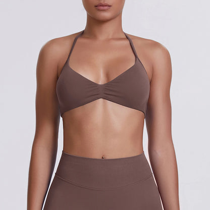 Yoga-BH mit Nackenriemen für Frauen, braun, Triangel-Cups, geraffte Mittelnaht