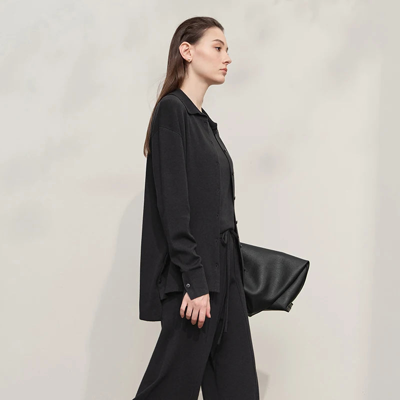 Damen-Strickjacke lang Seide-Wolle Umlegekragen locker Herbst