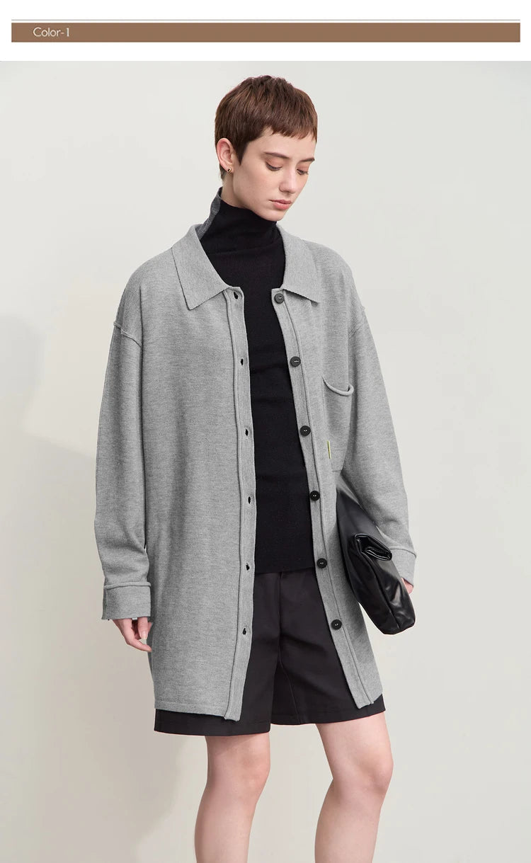 Damen-Strickjacke lang Revers Raglan Streetwear locker Herbst