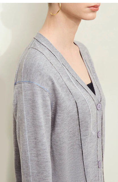 Damen-Strickjacke V-Ausschnitt Patchwork Raglan Wolle-Mix Herbst