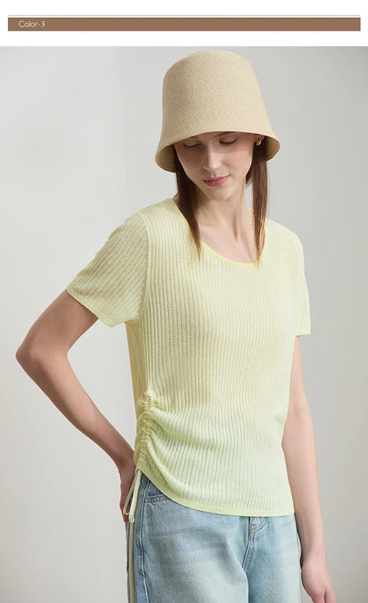 Damenpullover mit Rundhals, kurzärmelig, einfarbig gelbgrün, gerippte Strickoptik