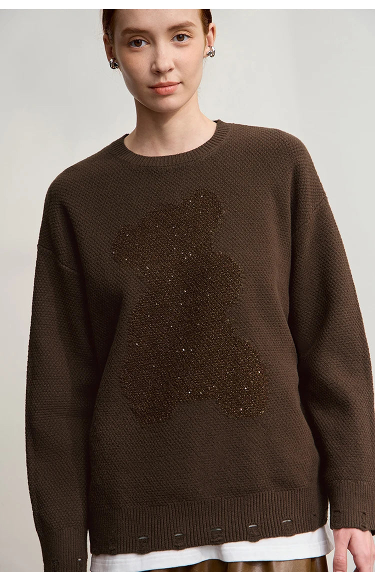 Damen-Rundhalspullover Jacquard Aushöhlung Perlenstickerei locker Winter