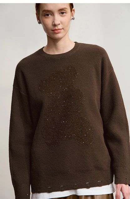 Damen-Rundhalspullover Jacquard Aushöhlung Perlenstickerei locker Winter
