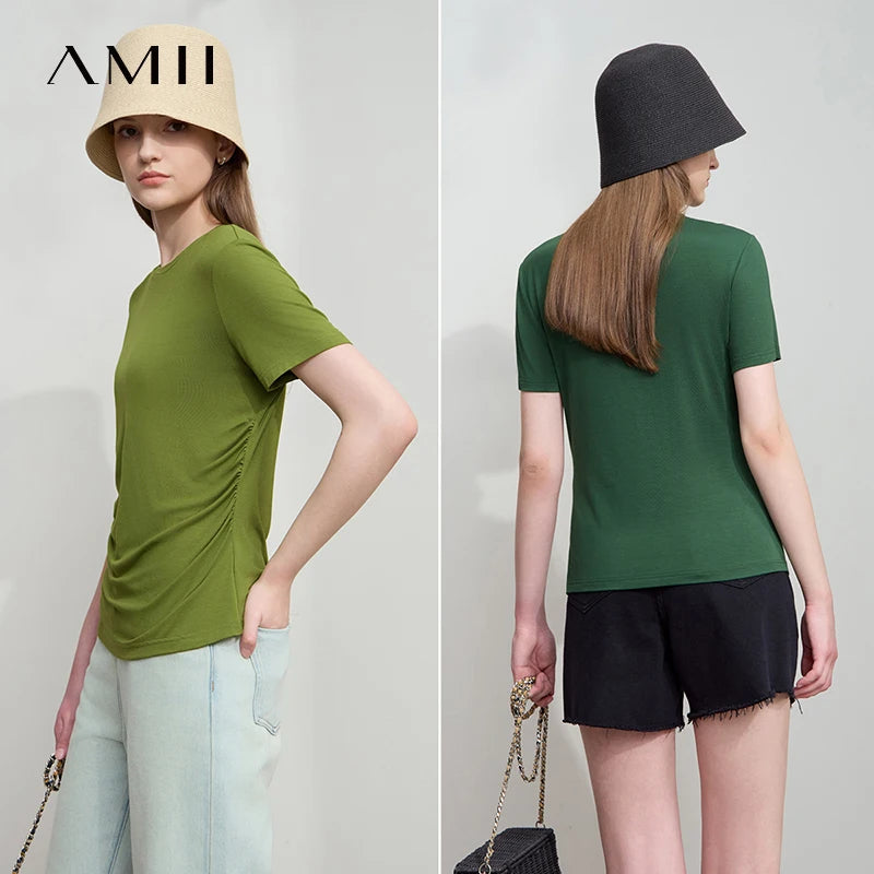 Damen Sommer-T-Shirt im minimalistischen Stil mit schmalem O-Ausschnitt und kurzen Ärmeln