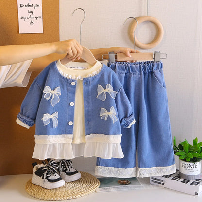 Mädchen Kleidung Set mit süßem Mantel und breiten Hosen im Koreanischen Stil