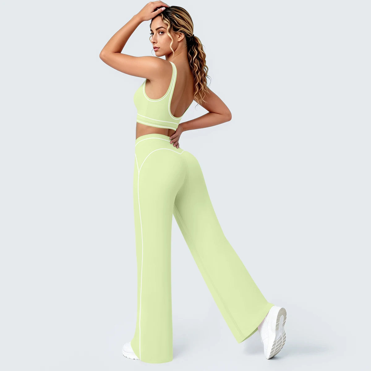 Damen-Yoga-Set mit Sport-BH und weiter Hose, hellgrün mit Kontrastlinien