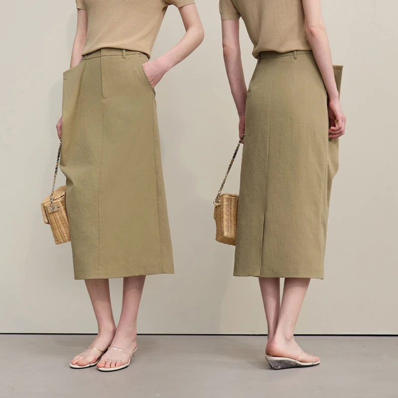 Damen-Midi-Rock in Khaki mit geradem Schnitt und asymmetrischer Saumlinie