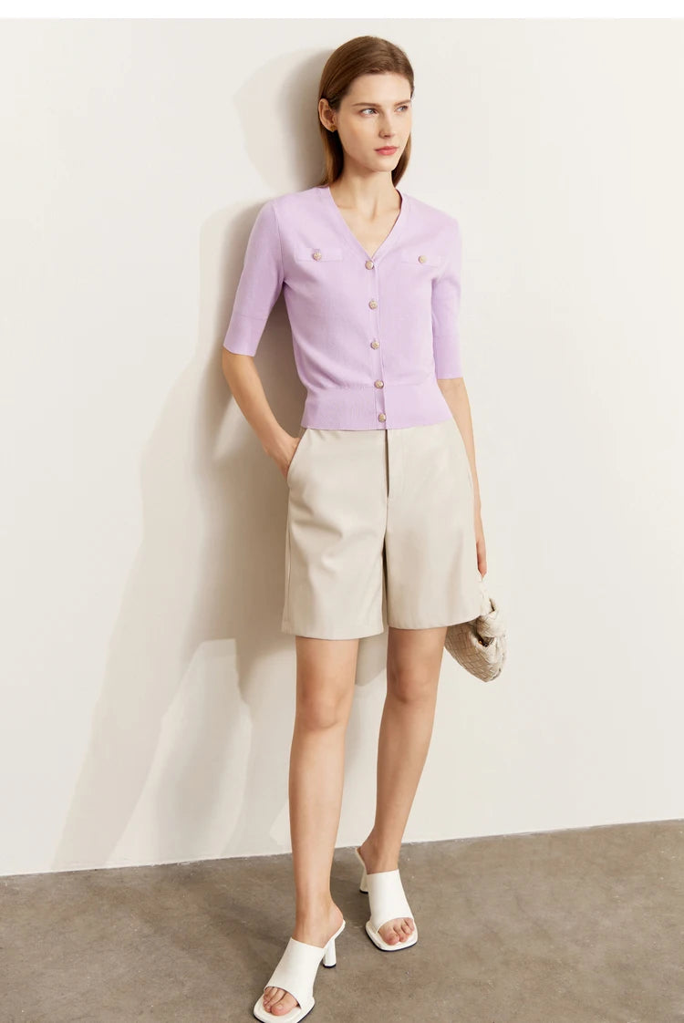 Damen-Strickjacke Baumwolle Slim Halbarm V-Ausschnitt Büro Frühling