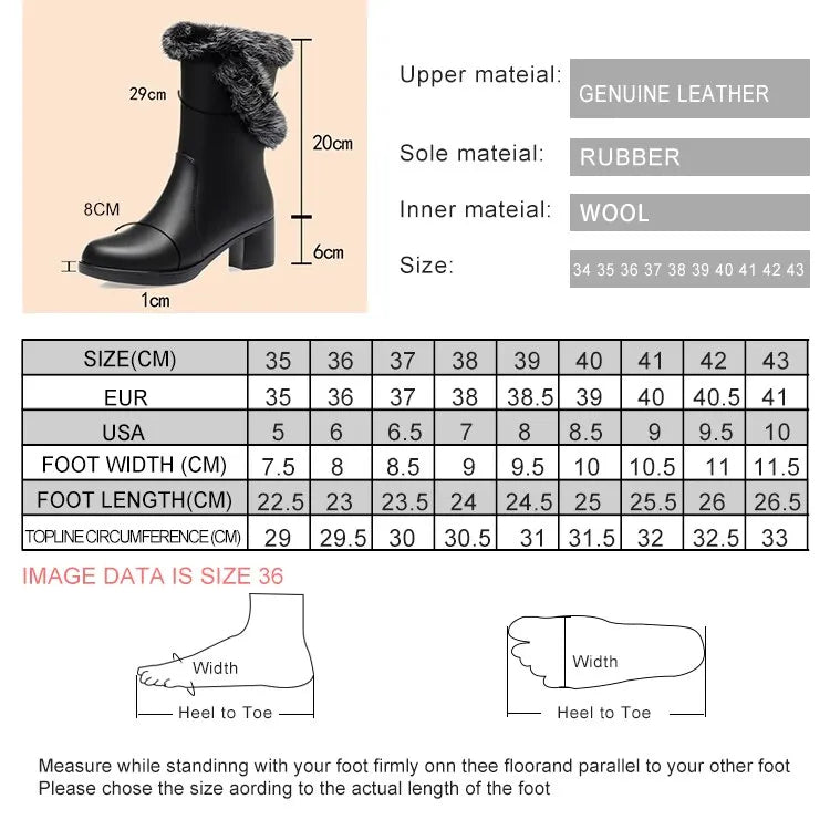 Damen Stiefel aus echtem Leder mit quadratischem Absatz und Fellfutter