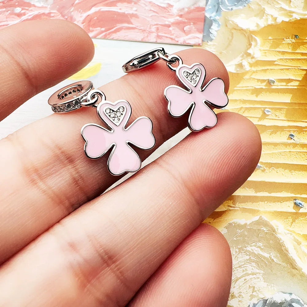 Damen-Charm-Anhänger rosa Kleeblatt weißer Stein Glück aus Sterlingsilber