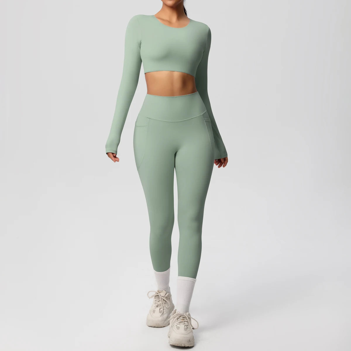 Hamidou Yoga-Set: hellgrünes Sport-BH-Top mit Leggings, lange Ärmel, weißer Beinabschluss