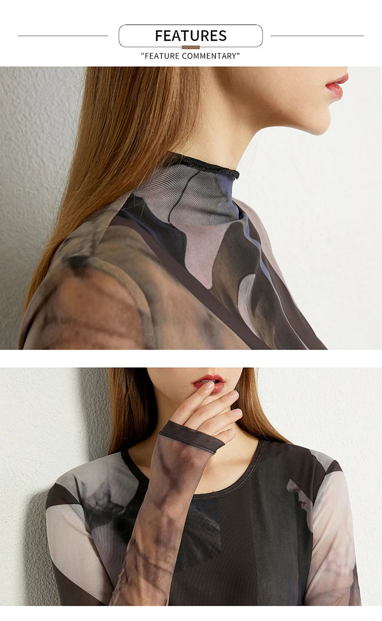 Damen Langarm-T-Shirt im Minimalismus-Stil mit trendigem Netzdruck
