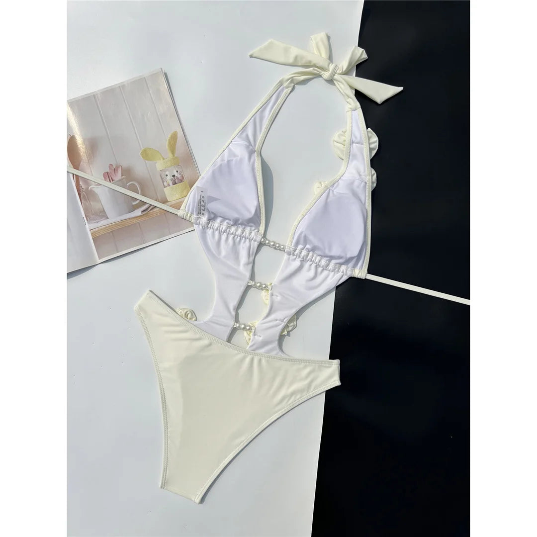 Damen Badeanzug 3D-Blumen tiefer V-Ausschnitt hoher Beinausschnitt Monokini rosa-rot