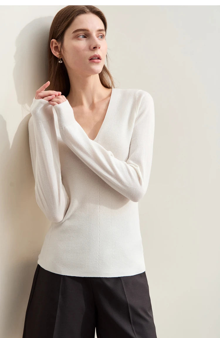 Damen V-Ausschnitt Pullover Wolle-Seide Slim Pendler Herbst