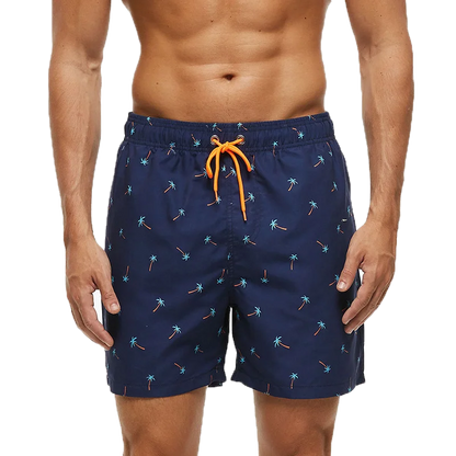 Kurze Herren-Shorts aus Polyester mit atmungsaktivem Mesh-Futter, elastischem Bund und Seitentasche – ideal für Sport und Strand.