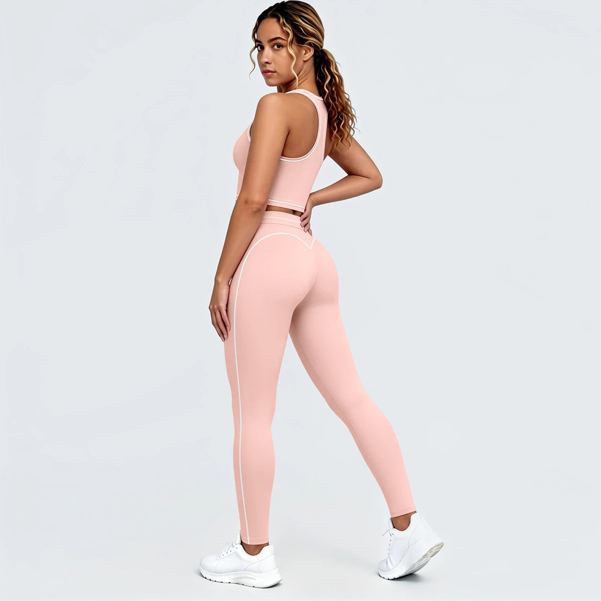 Yoga-Set mit kurzem Sport-Top und Leggings, hellrosa, kontrastierte Paspeln