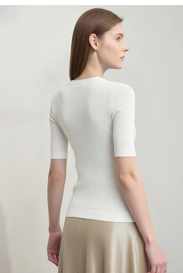 Damen V-Ausschnitt Pullover Viskose Halbarm Slim Büro Sommer