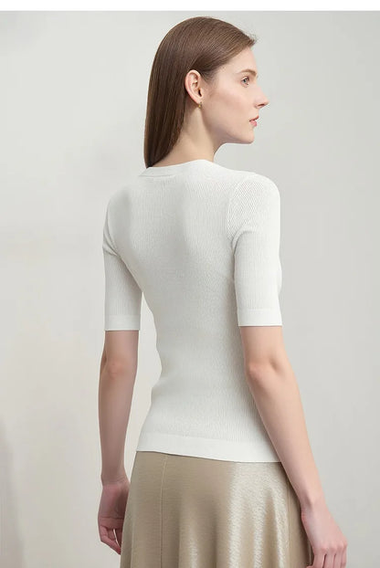 Damen V-Ausschnitt Pullover Viskose Halbarm Slim Büro Sommer
