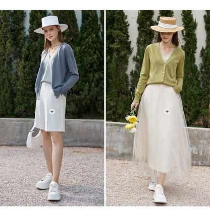 Damen-Strickjacke mit V-Ausschnitt und Knopfleiste, hellblau und olivgrün