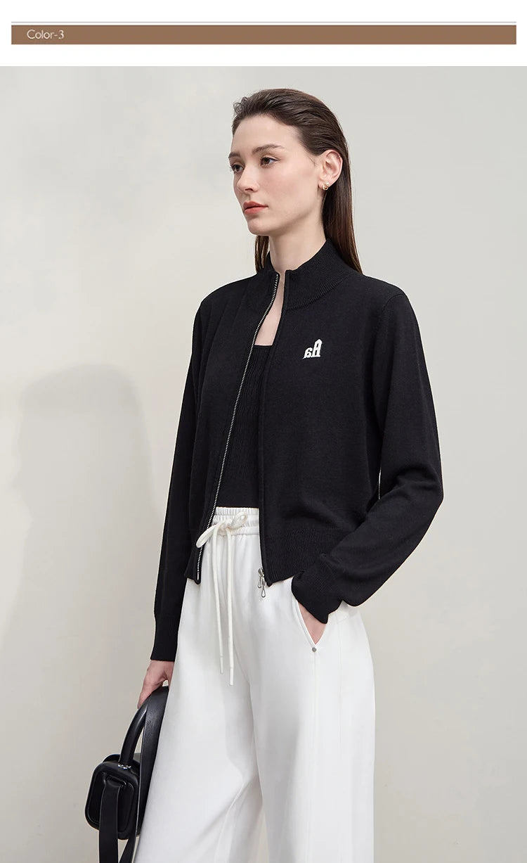 Damen-Rollkragen-Strickjacke kurz Reißverschluss Wolle Herbst-Winter