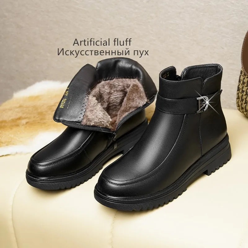Damen Schneestiefel aus echtem Leder mit rutschfester Sohle und Wolle