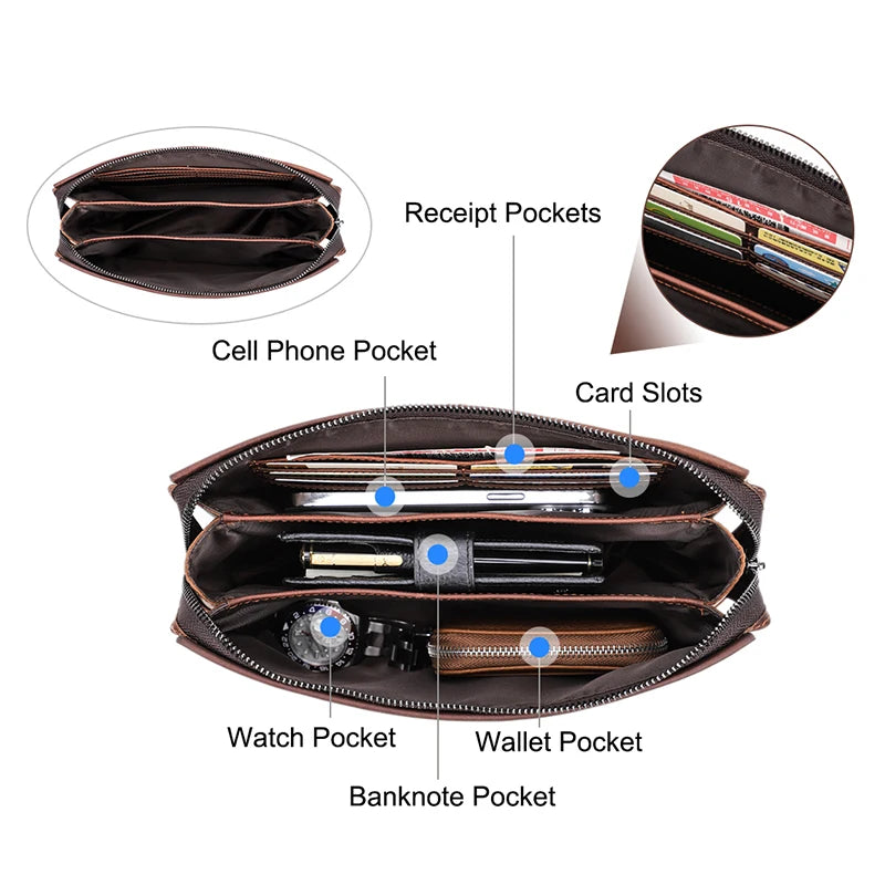 Offene braune Leder-Clutch mit Kartenfächern, Geldfach und Staufächern