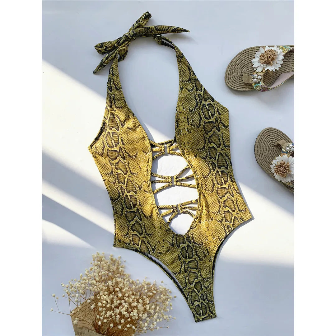 Damen Badeanzug Schlangenhaut Neckholder Bauch-Cut-Out Monokini Einteiler